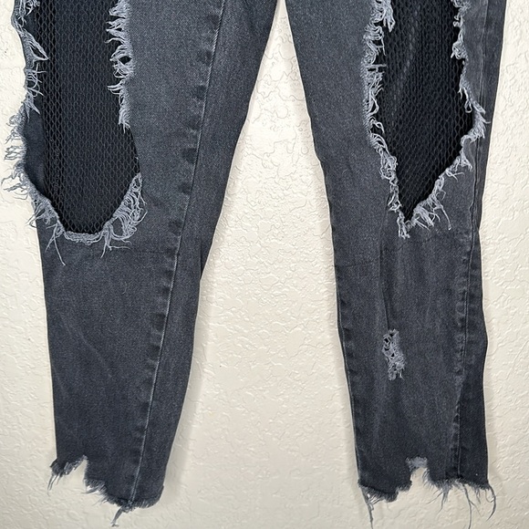 Zara High Rise Black Distressed Fishnet frayed hem Jeans Goth Grunge - Picture 9 of 14